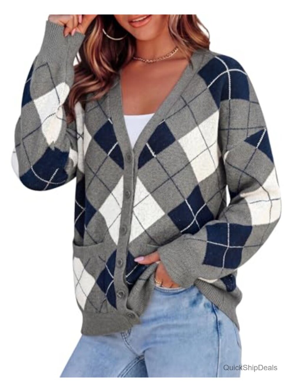 Chunky Knit Argyle Cardigan Sweater Button Up V Neck Pockets Loose Fit
